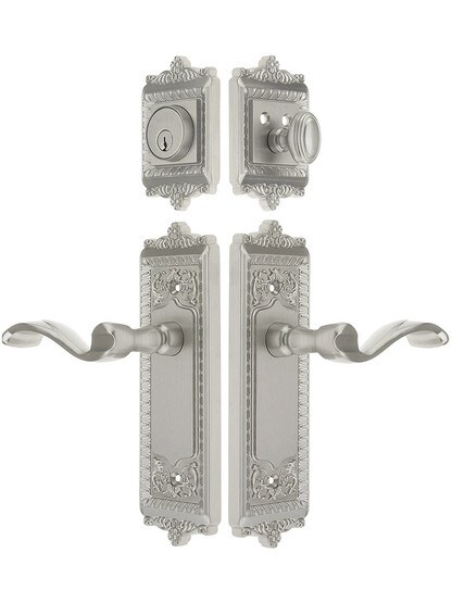 Grandeur Windsor Entry Door Set, Keyed Alike with Portofino Levers in Satin Nickel.